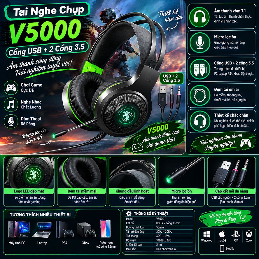 Tai Nghe Chụp V5000 Cổng USB+3.5