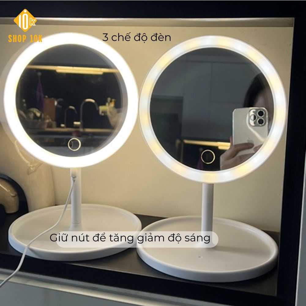 Gương trang điểm đèn LED (hình tròn) cảm ứng 28x18cm sạc USB///HB